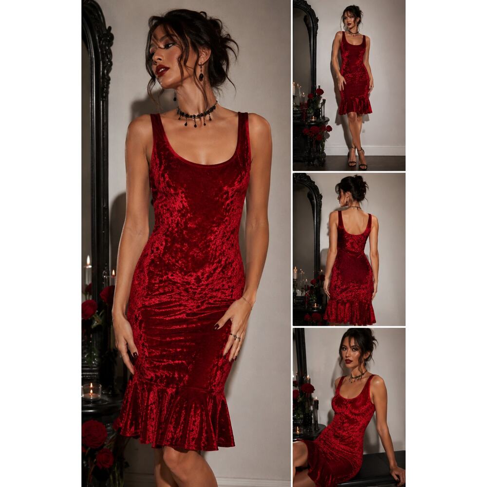 Vintage 90s Red Crushed Velvet Bodycon Dress Flounce Hem Goth Pinup S